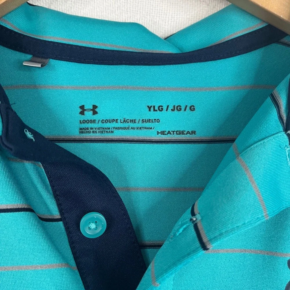 Under Armour Youth Large Teal Blue Striped HeatGear Short Sleeve Polo Shirt